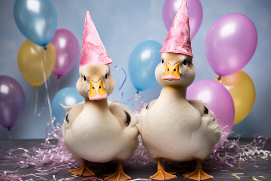 Holiday concept. A group of duck friends having fun at the party