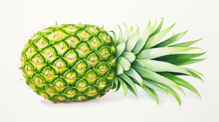 In a vibrant watercolor painting, a juicy green tropical pineapple, symbolic of a healthy diet, is depicted amid an isolated white background, conveying the concept of nature, health, and the farm to