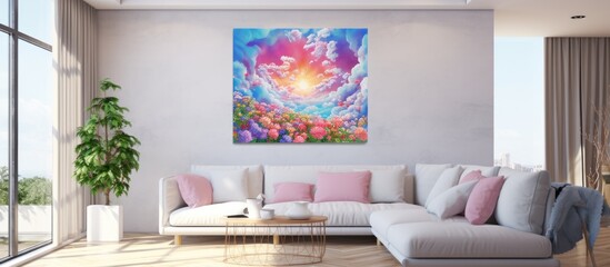 As the abstract painting hung on the wall, the sky on a summer day burst with nature's vibrant colors - the light danced among white clouds, showcasing the beauty of the blue and pink hues. The