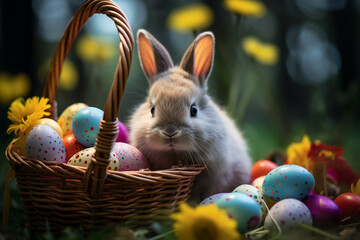 Adorable Bunny with a Basket of Colorful Easter Eggs Surrounded by Spring Flowers