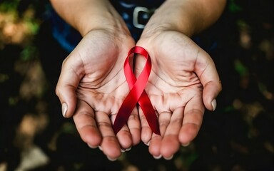 World aids day and national HIV/AIDS and ageing awareness month with red ribbon on woman hand support - obrazy, fototapety, plakaty