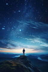 Stars in the night sky. Man standing on top of mountain cliff and admire night sky with plethora of stars. - obrazy, fototapety, plakaty
