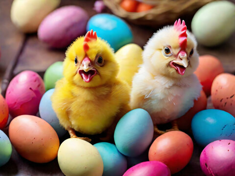 K&uuml;cken in einem Osternest mit vielen buten Ostereiern