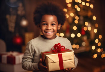 Fototapeta na wymiar Cute little African American boy is holding a gift box and smiling while celebrating Christmas at home -
