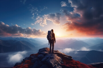 Naklejka na ściany i meble Adventurous man with backpack standing on the top of the mountain and admiring beautiful sunset landscape. Success and personal growth concept.