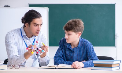 Young male teacher explaining molecular model