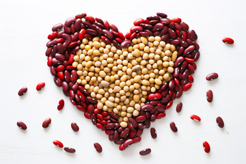 Concept of various beans forming a heart shape.