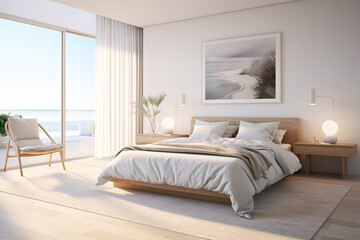Fototapeta na wymiar Bedroom interior in light colors and Scandinavian style.