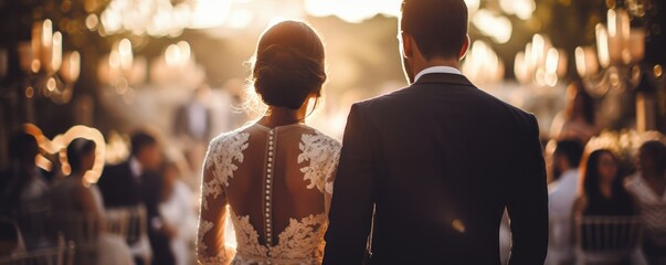 Bride and groom walking to their guests at an outdoor wedding - obrazy, fototapety, plakaty