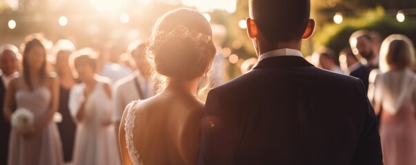 Bride and groom walking to their guests at an outdoor wedding