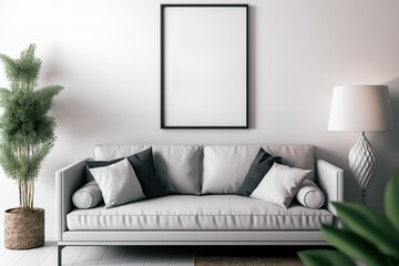 Senkrechter Bilderrahmen - Mockup im modernen Wohnzimmer. Minimale Einrichtung und weiße Wand.