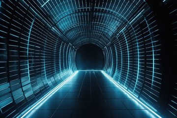 Tunnel Eingang zu einem Club.  Futuristischer Zugang in eine moderne Welt. Kulisse eines Ganges beim Raumschiff.  - obrazy, fototapety, plakaty