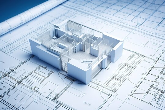 3D Bauplan Darstellung von einem Haus. Architekten Bauzeichnung mit 3D Effekt zum Hausbau.