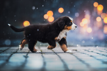 Running bernese mountain dog puppy in snow - obrazy, fototapety, plakaty
