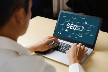 SEO search engine optimization for modish e-commerce and online retail business showing on computer...