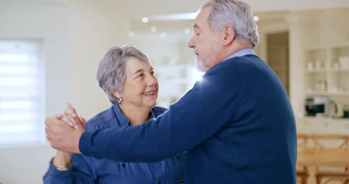 Dance, love and senior couple in home for bonding, healthy relationship and marriage. Retirement, happy and elderly man and woman dancing together for romance, happiness and commitment in living room
