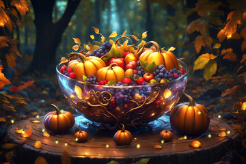 Symbol of cornucopia showing abundance of harvest in bowl full of winter squash and fruits in nature lit by string lights