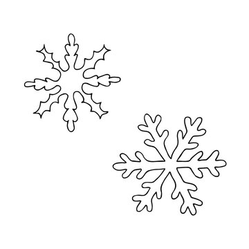 Set of hand painted snowflakes. Outline drawing. Vector illustration. Design element. For coloring book, cards, printing, packaging, invitations, business cards, advertising