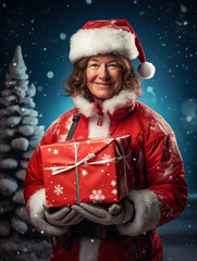 Mrs. Claus is offering a gift