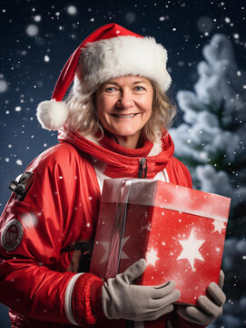 Mrs. Claus is offering a gift