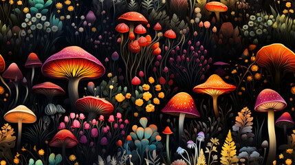 Fototapeta na wymiar Mushrooms in the autumn forest. An adorable kawaii mushroom garden with cute mushrooms of all colors and forms.