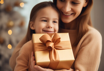 Fototapeta na wymiar Mother and daughter holding gift box at home, close up