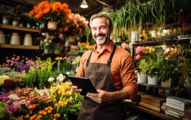 Small flower shop business owner man managing shop with digital tablet