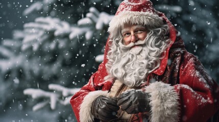 Fototapeta premium Jolly Santa Claus in the snow. Happy laughing Saint Nick at Christmas. Santa portrait playing in the snowflakes.