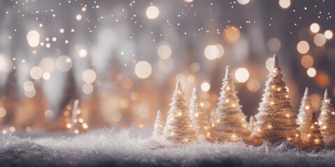 Fototapeta na wymiar Abstract Christmas trees bokeh background. Festive holiday fir trees x-mas snowy landscape. Winter sparkles with ornament decorations