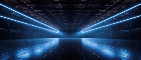 Panoramic dark garage background, perspective of studio as hangar with led neon lighting. Modern design of large empty room, abstract space interior. Concept of show, industry, warehouse