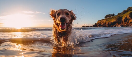 As the sun shone brightly in the sky, casting a warm glow over the beautiful beach, a dog frolicked in the crystal clear water, creating small waves that danced towards the shore. The serene landscape - obrazy, fototapety, plakaty