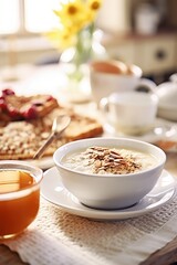 A plate of porridge and berries on the kitchen table. A healthy breakfast.