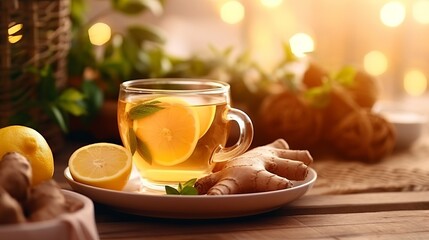 Cup of ginger tea with lemon and mint on wooden table - obrazy, fototapety, plakaty