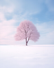 Fototapeta na wymiar Snowy Serenity: Beautiful Solitary Tree in Soft Blues