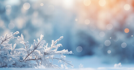 Obrazy na Plexi  Beautiful winter background image of frosted spruce branches and small drifts of pure snow with bokeh Christmas lights and space for text.