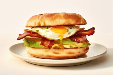 Delicious sandwich with fried eggs, bacon and avocado. Healthy breakfasts. Menu