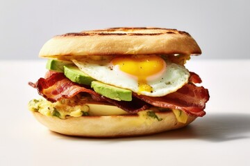 Delicious sandwich with fried eggs, bacon and avocado. Healthy breakfasts. Menu