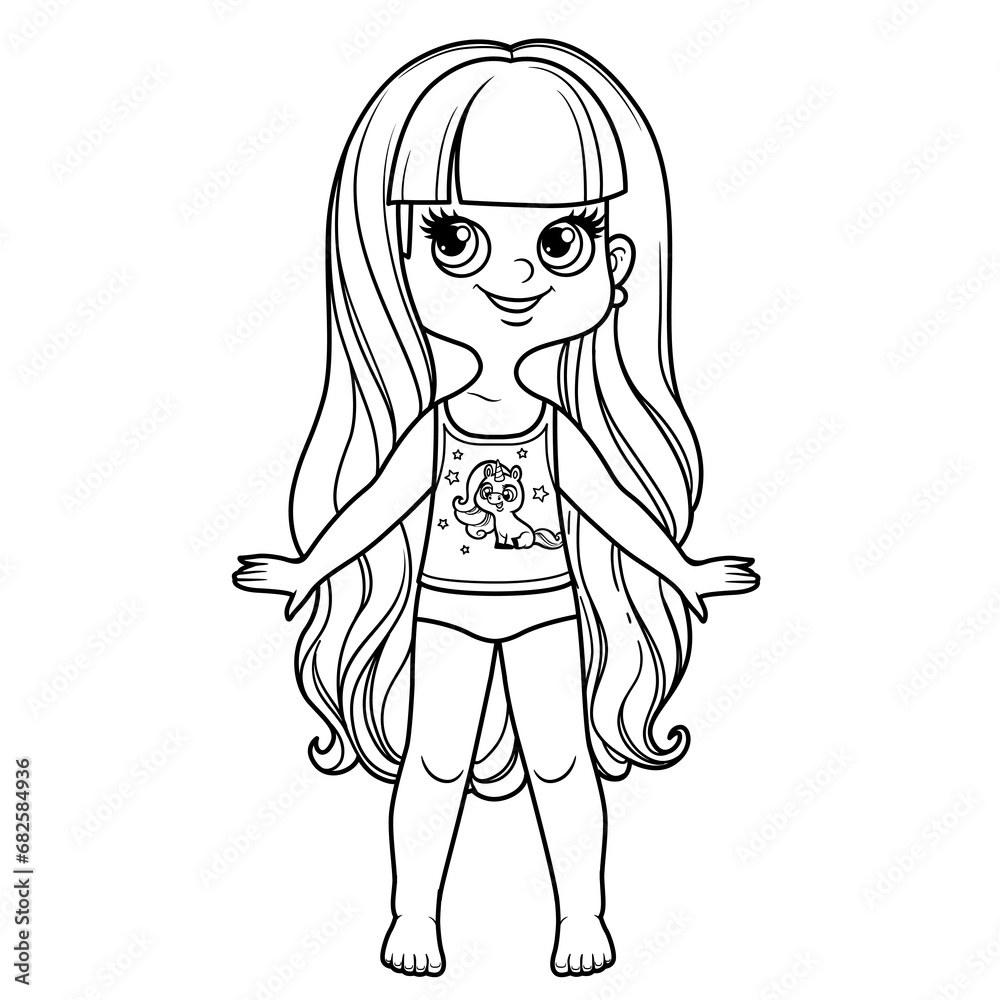 Sticker Cute cartoon long haired girl dressed in underwear outline for coloring on a white background