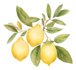 Watercolor and drawing for lemon branches with green leaves isolated. Digital painting of fruits and vegetables illustration.