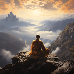 a monk mediating on top of a mountain - obrazy, fototapety, plakaty