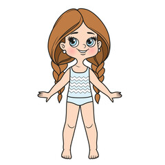 Cute cartoon girl with long hair braided dressed in underwear and barefoot color variation for coloring page