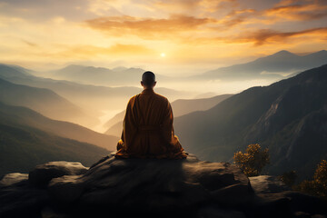 a monk mediating on top of a mountain - obrazy, fototapety, plakaty