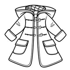 Unbuttoned women's demi-season coat with checkered scarf outline for coloring on a white background