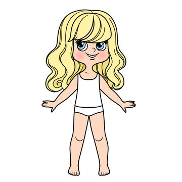 Cute cartoon curled haired girl dressed in underwear and barefoot color variation for coloring page