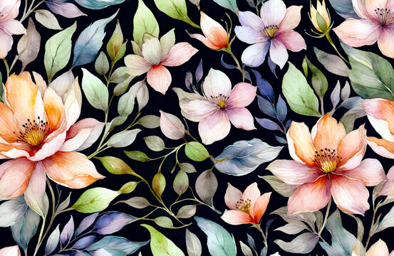 Seamless beautiful watercolor flowers pattern on black background. Generative ai