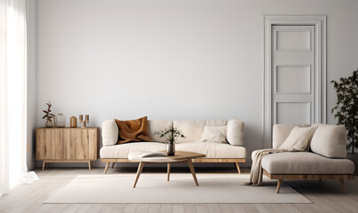 Fototapeta na wymiar Bright Scandinavian Living Room with Neutral Tones and Wooden Accents
