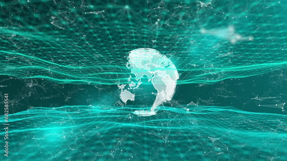 Poster abstract tech earth globalization in 3d motion graphic. concept transmit ai networking on fiber opti
