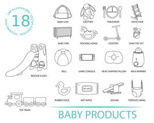Baby Product editable stroke outline icons set. baby gym shooter dining set high chair crib rocking horse scooter ball game console head slides swing train wet wipes rubber duck seesaw milk warmer