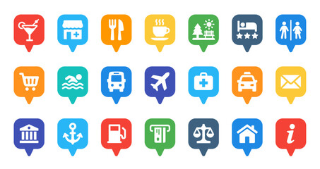 Location map marker icon set. Map pin of restaurant, coffee, park, hotel, airport, bus station and more. Vector illustration. - obrazy, fototapety, plakaty