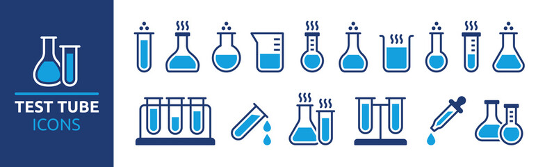 Test tube icon set, different kind of flask, beaker and graduated cylinder. Laboratory glassware symbol collection. - obrazy, fototapety, plakaty